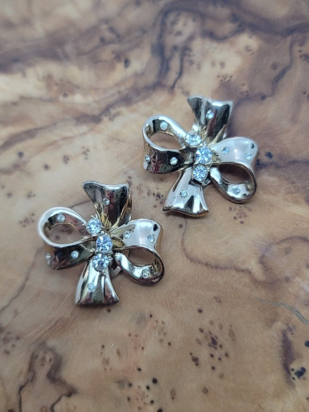 Vintage Retro Sterling & Rhinestone Bow Earrings by Crown Trifari